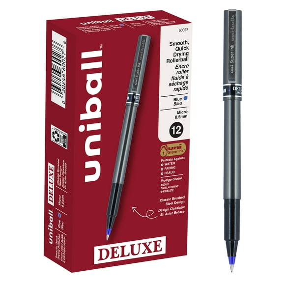 uniball Deluxe Rollerball Pens, Micro Point (0.5mm), Blue Ink, 12 Count