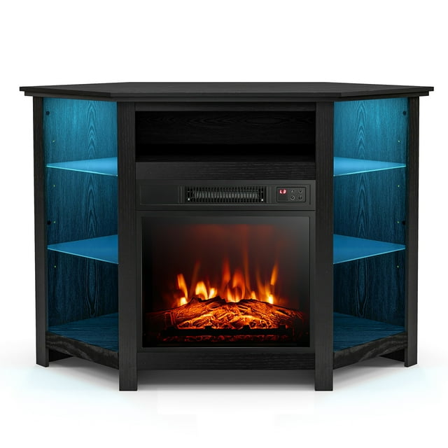 Giantex Meuble Télé d'Angle avec Foyer Électrique, Centre de Divertissement, Meuble Console Multimédia, Noir