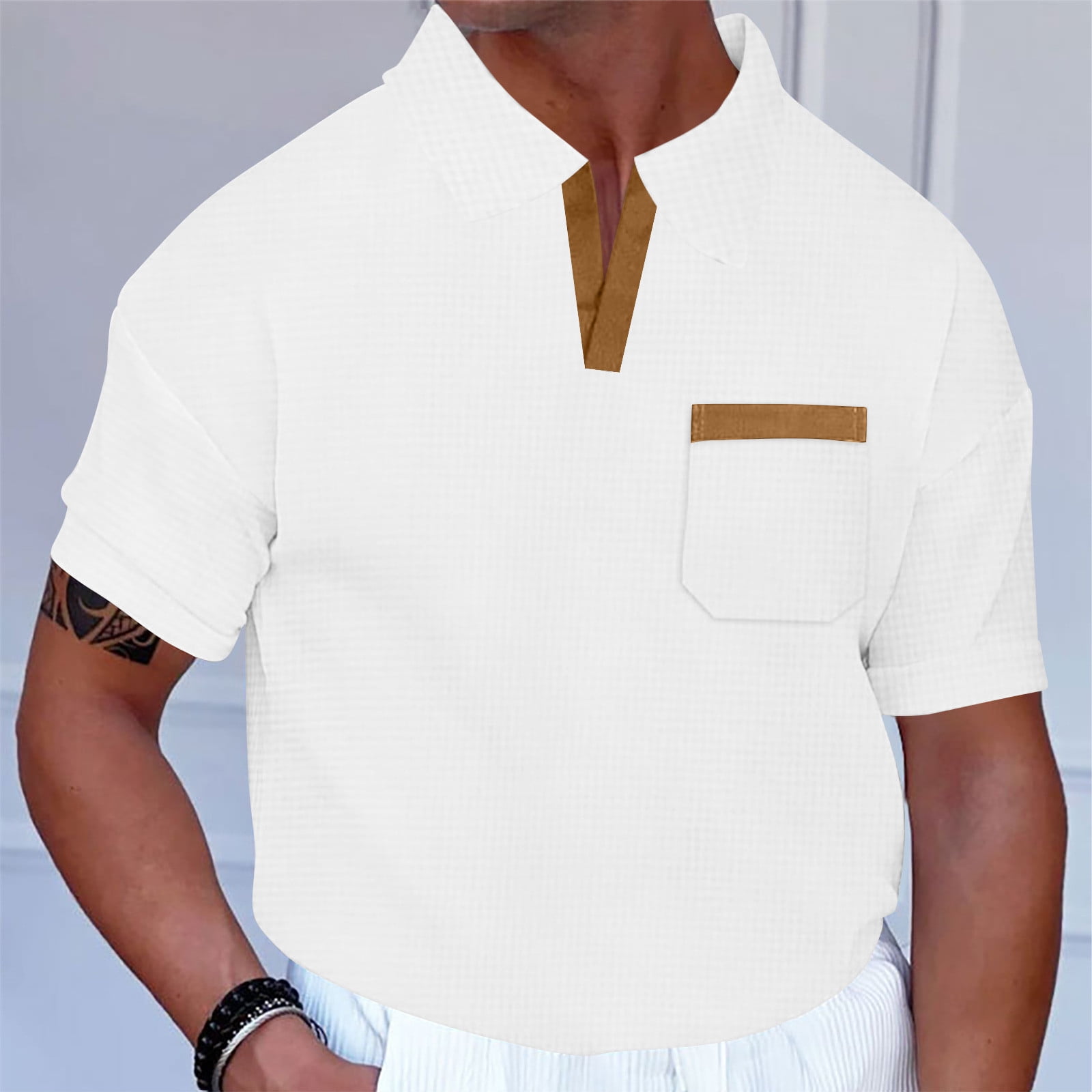 Yyeselk Men's V Neck Pullover Shirts Short Sleeve Waffle