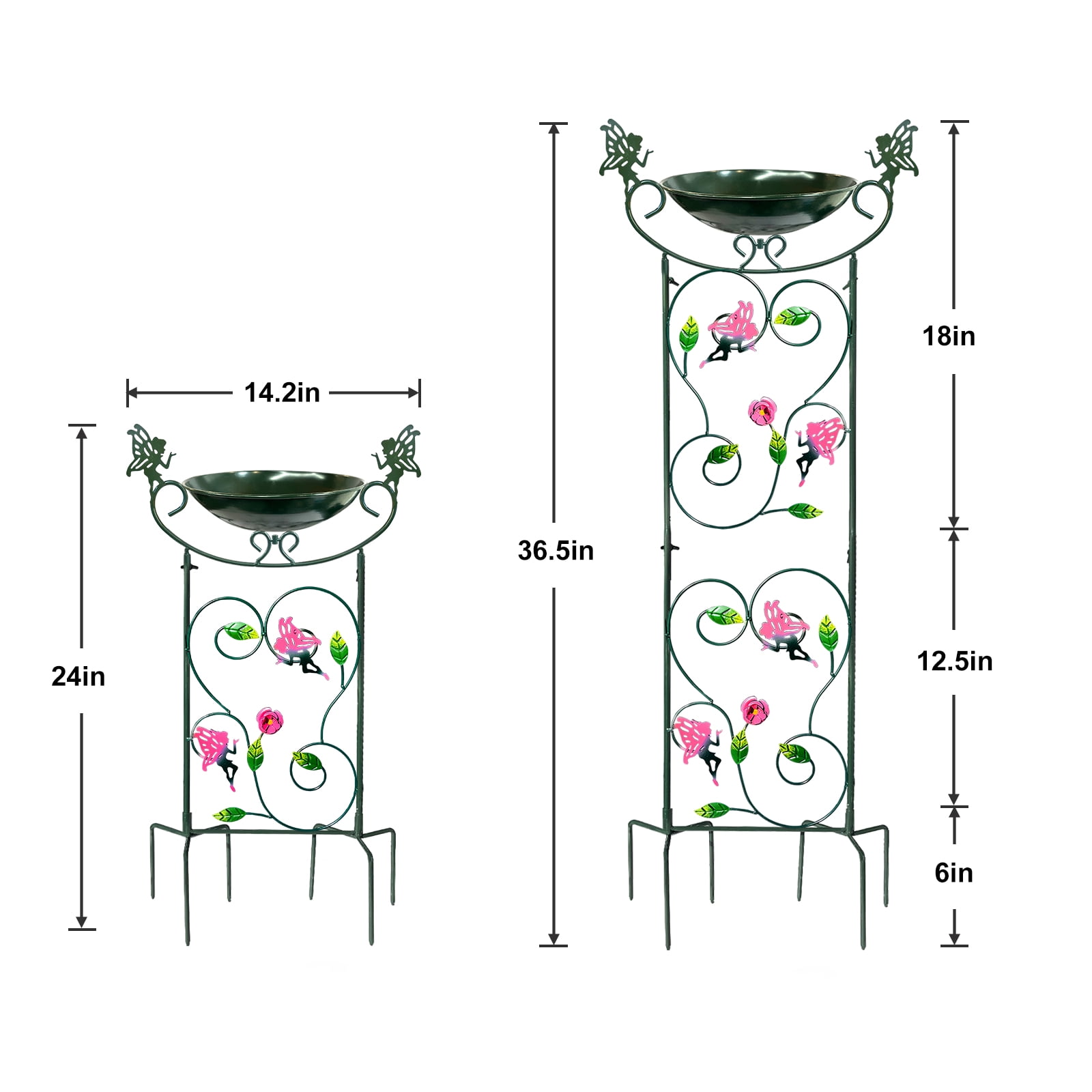 Green Flower Fairy Garden Bird Bath with Trellis and Plant Stake - 36" Height, Hongland Brand (1 Pc)
