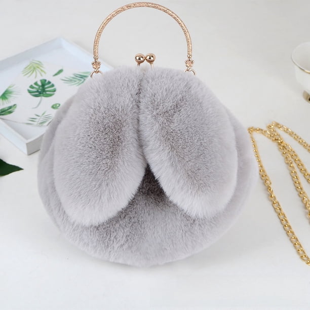 Bolso de mujer Bolso de peluche portátil Bolso de conejo de piel sintética redondo de moda con orejas de conejo
