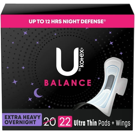 U by Kotex Balance Ultra Thin Extra Heavy Overnight Pads with Wings - Unscented - 22ct