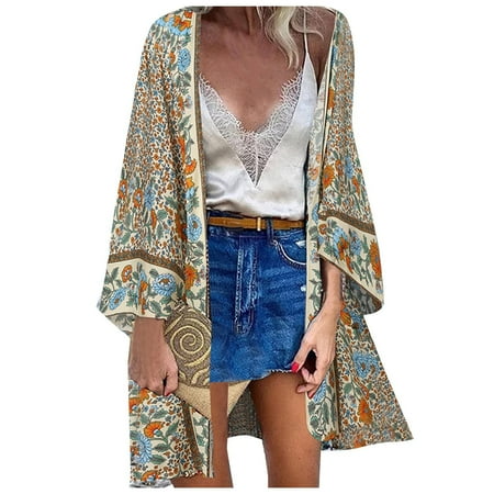 

Women s Kimono Cardigans Tops Boho Floral Shirts Coat Beach Casual Sundress Open Front Shawl Outwear Beachwear