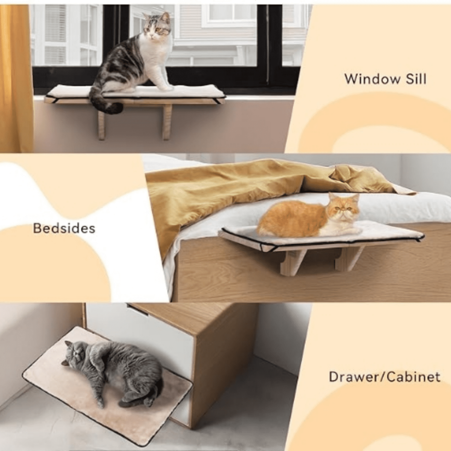 2 Cats Design Cat Window Perch, Cat Hammock Window Seat with   Wood &Removable  Mat for Large Cats, Easy to Adjust&Assemble Cat Bed for Windowsill, Bedside and Drawer