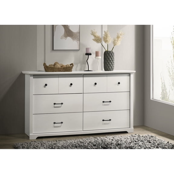 Miekor Furniture Elettra 57"W White 6-Drawer Dresser with Black Handles No4261