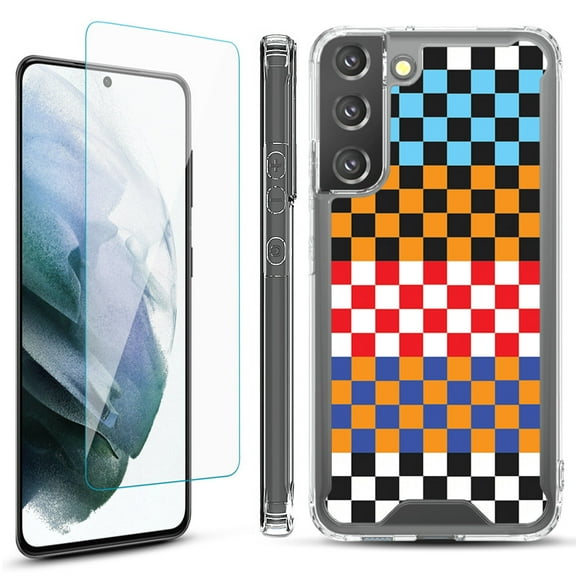 Shockproof Bumper Phone Case for Samsung Galaxy S22  / S22 Plus 5G, with Tempered Glass Screen Protector, by OneToughShield ® - Colorful Checker