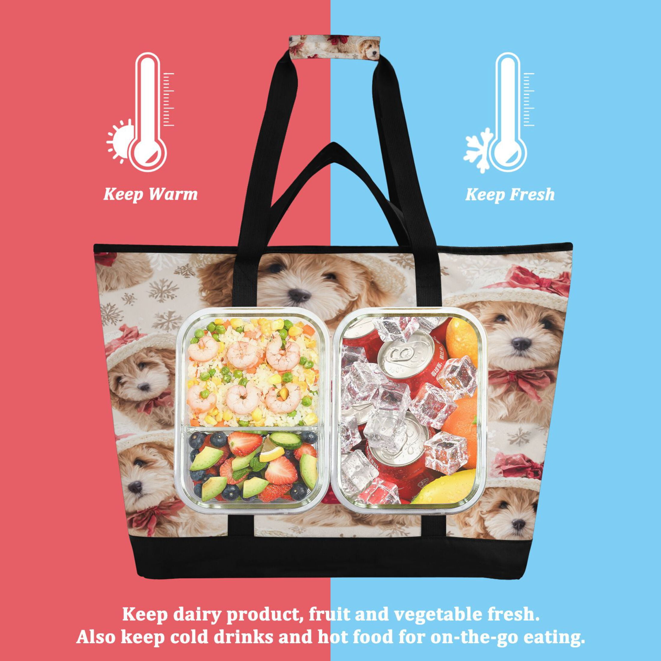 Large Hand-held Ice Pack Picnic Bag Insulation and Refrigeration Suitable for Shopping Picnics and Camping Yellow Christmas Puppy
