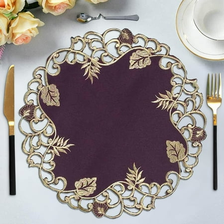 

Round Placemats - Set of 8 Handmade Doilies with European Embroidery for Wedding Receptions Kitchen Dining Room End Table Vintage Farmhouse Antique Home Decor - 15 Inches Plum Gold