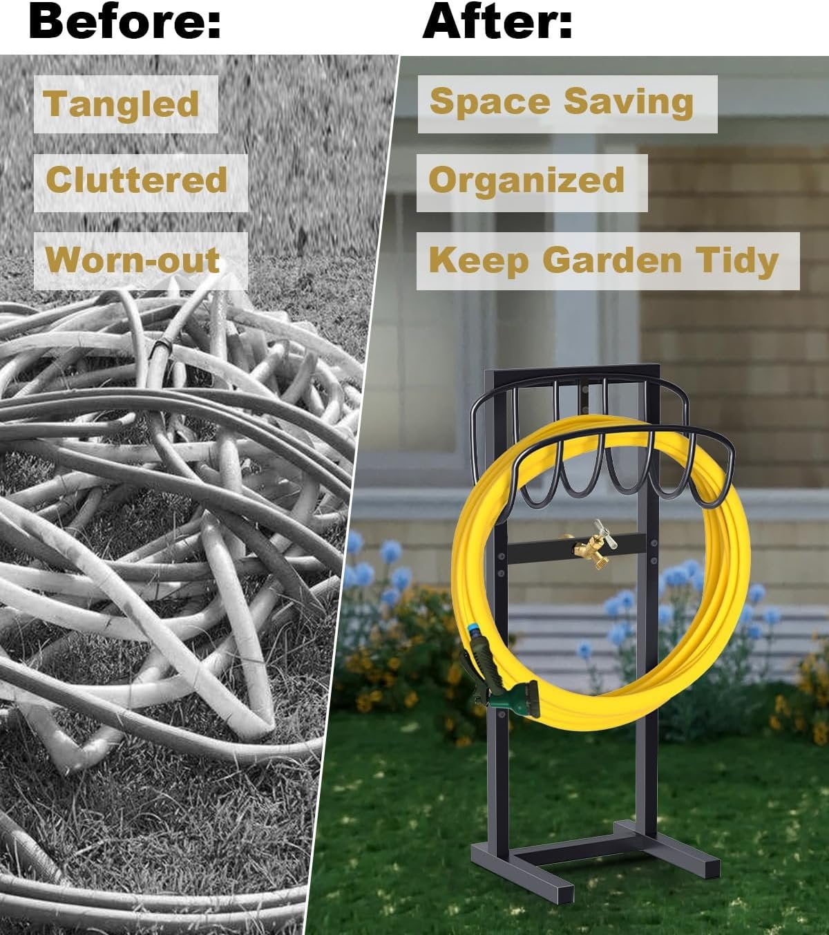 Outdoor Garden Hose Holder Freestanding with Brass Faucet And 4 Spikes, Heavy Duty Metal Water Hose Reel Stand Hanger Rack Organizer Holds Storage 150ft Hose for Outside Yard Lawn, Black