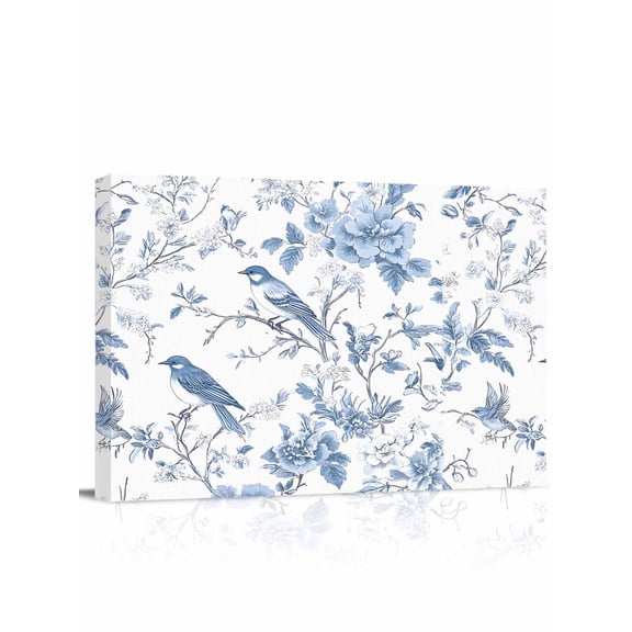 White Blue Spring Floral Wall Art for Living Room,Canvas Picture Wall Decor for Bathroom Bedroom,Summer Birds Botanical Painting Artwork for Office Kitchen Hallway Dining Room Home Decor 12"x16"