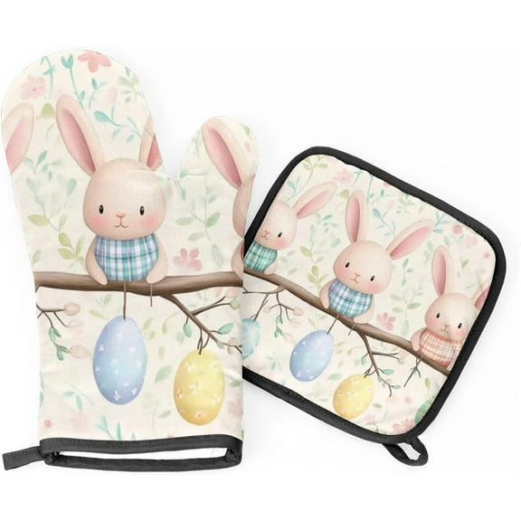 Easter Cute Rabbits Floral Oven Mitts and Pot Holders Set of 2, Heat Resistant Oven Mitts Kitchen Oven Glove for Cooking, Baking