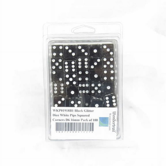 Black Glitter Dice with White Pips Squared Corners D6 16mm (5/8in) Pack of 100 Wondertrail