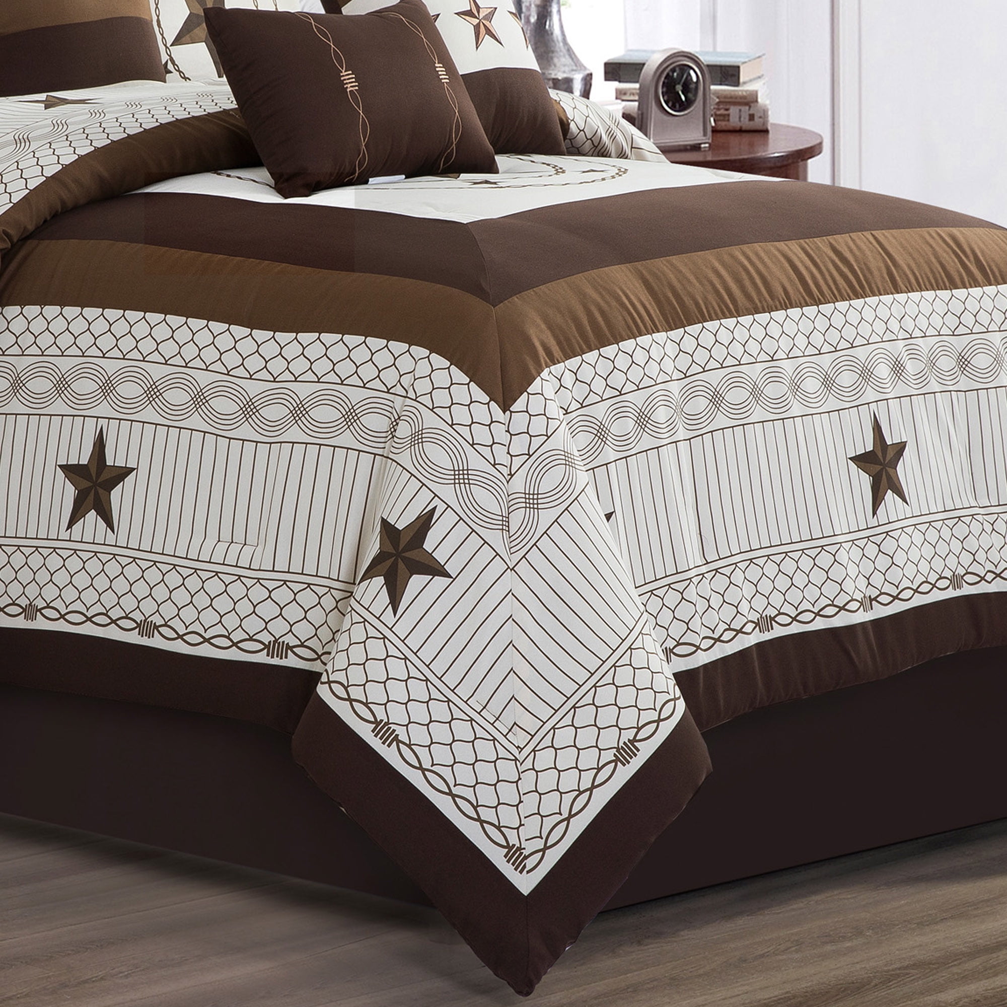 HIG 7 Pieces Beige Geometric Printed Comforter Set Color Block Patchwork Bed in A Bag, King