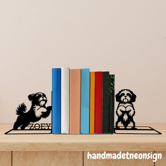 Handmadetneonsign Custom Shih Tzu Metal Bookends, Dog Pet Name Bookend, Modern Bookends For Shelves 69571