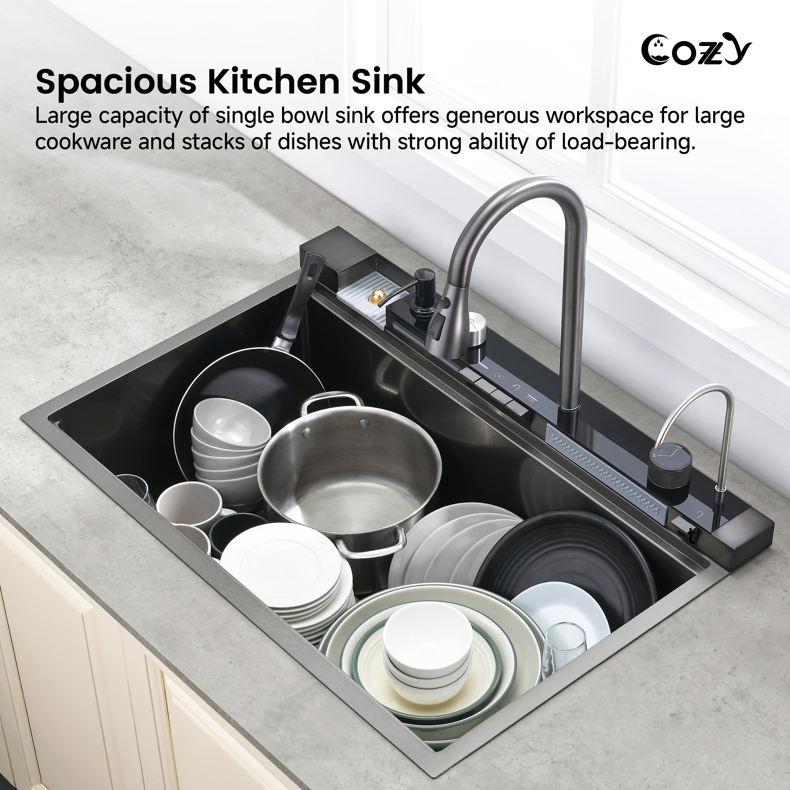 thumbnail image 2 of Homekare 33x22 Inch Black Stainless Steel Waterfall Kitchen Sink With Faucet – Modern Drop-In 2 of 6