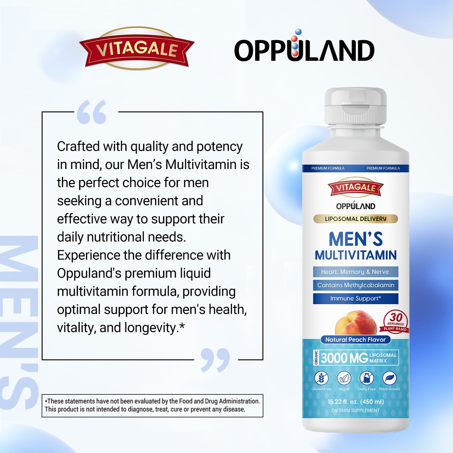 OPPULAND Men’s Multivitamin 450ML of Natural Peach Flavored Supplement Increasing Heart, Memory, and Nervous System, with Omega 3, Liposomal, and 5000MCG of Biotin for Healthy Hair