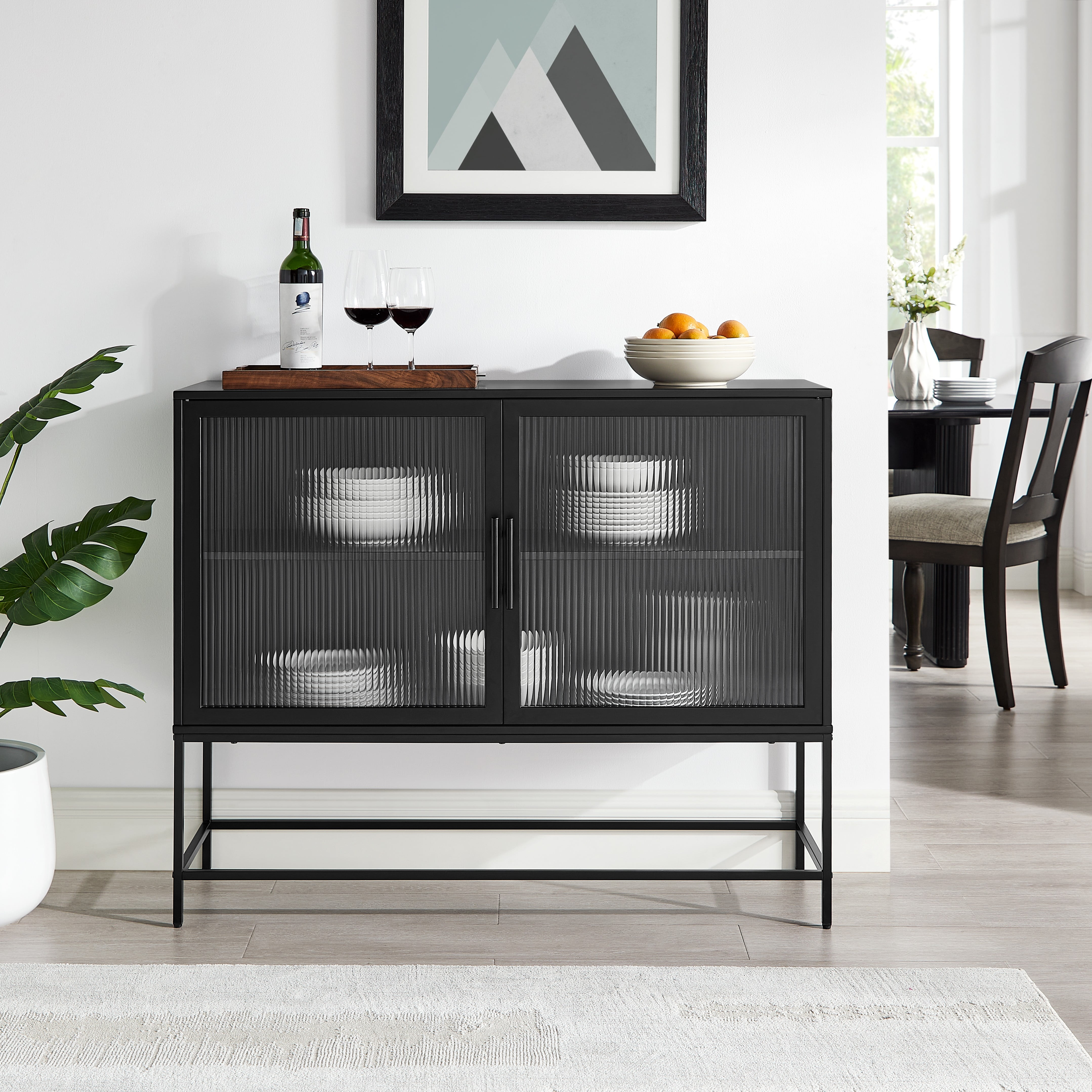 Mainstays Metal and Fluted Glass Bar Cabinet, Black Finish