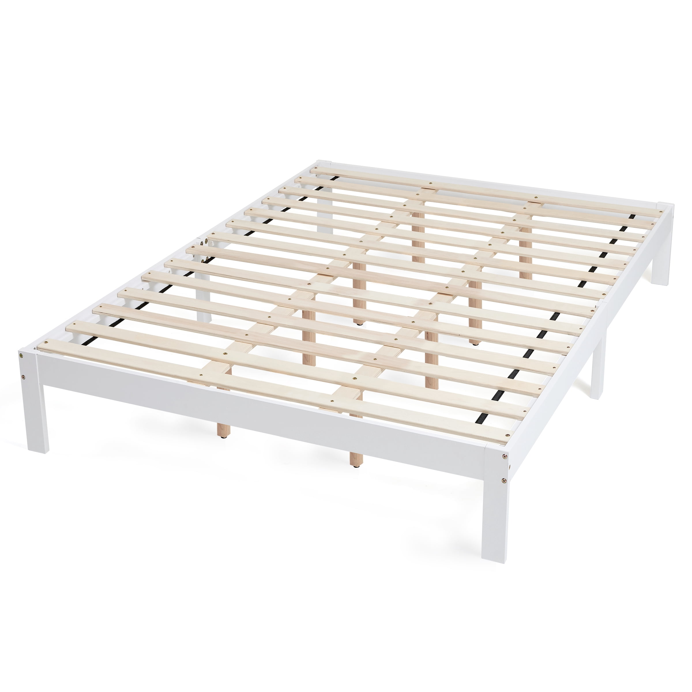 King Size Bed Frame, Solid Wood Platform with Wood Slat Support, No Box Spring Needed, White
