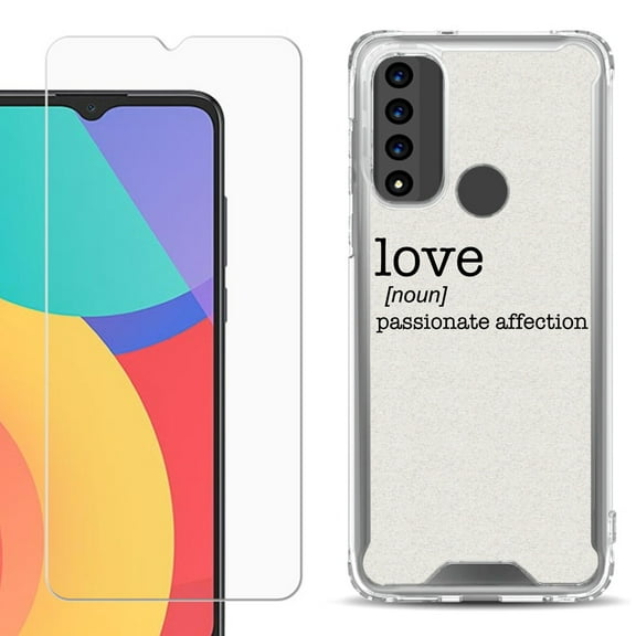 Shockproof Bumper Phone Case for TCL 20 XE, with Tempered Glass Screen Protector, by OneToughShield ® - Dictionary/Love