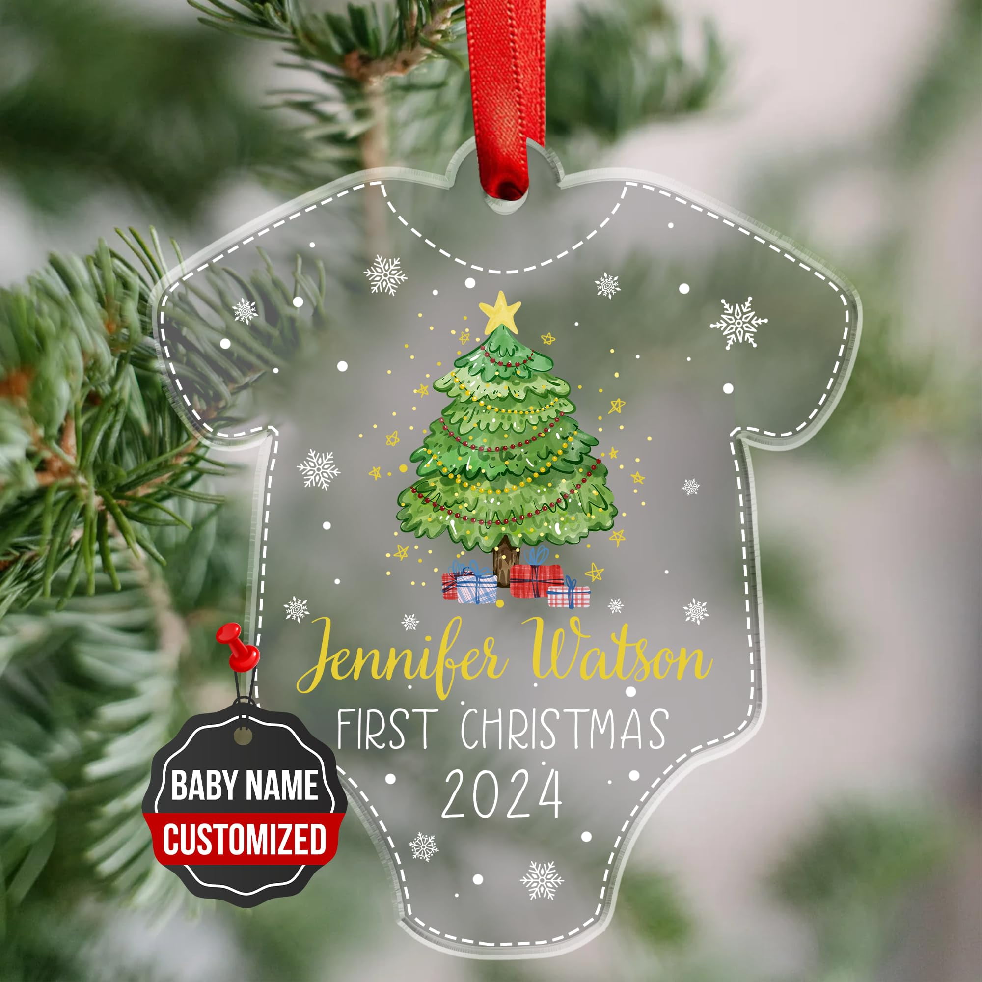 Personalized Baby's First Christmas Acrylic Ornament, Keepsake Pregnancy Newborn Baby Ornaments, Customizable with Baby's Name (Newborn Romper Ornament)