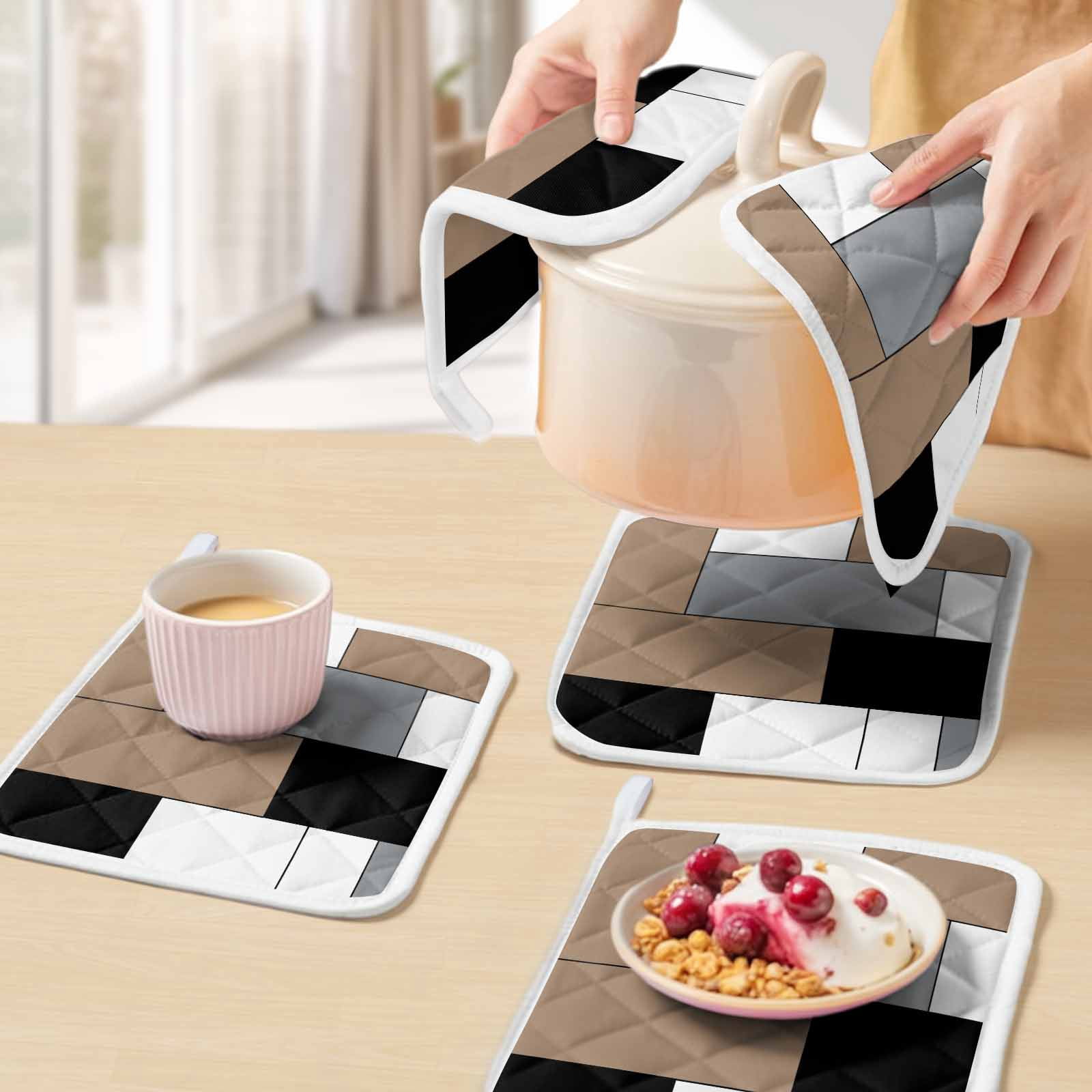 Brown Grey Pot Holders for Kitchen Heatproof Potholder, 5 Pack Modern Brown Geometric Hot Pads Multipurpose Oven Pads Cloth Potholders Trivet for Cooking Baking