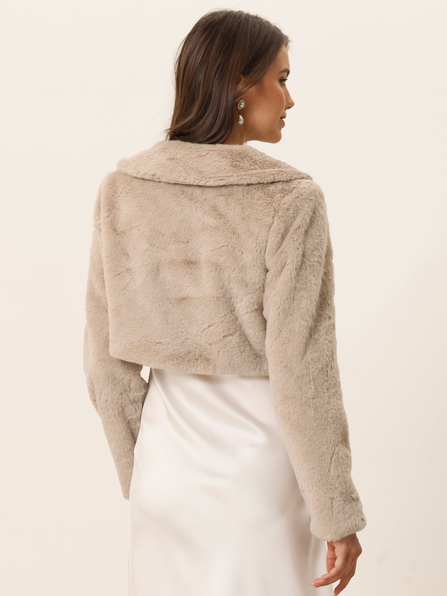 DARING DIVA Women's Faux Fur Shrug Bow Tie Front Fluffy Cropped Jacket M Khaki