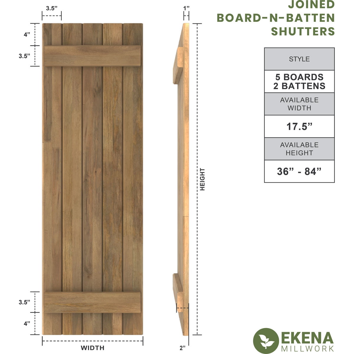 Ekena Millwork 17 1/2"W x 45"H Americraft Five Board (2 Batten) Exterior Real Wood Joined Board-n-Batten Shutters (Per Pair), Moss Green