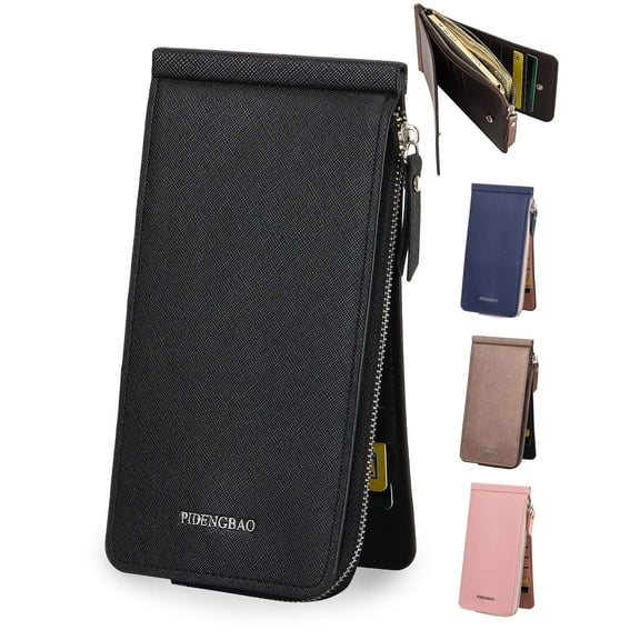 Gustave PU Leather Slim Wallets for Wome Men Credit Card Holder Bifold Wallet Long Clutch Purse Handbag with Cell Phone Cash Coin Zipper Pocket - Black