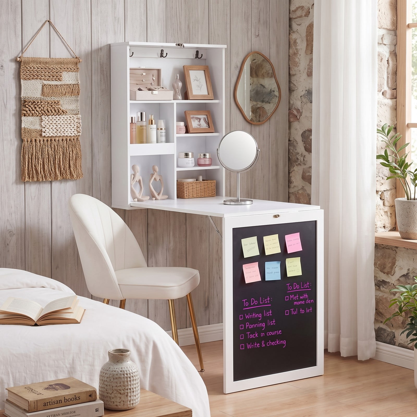 Furnibear Convertible Wall Mounted Folding Table with Chalkboard, Space Saving Fold Down Wall Desk with 6 Storage Cubes and 3 Hooks for Kids Study Home Office, White