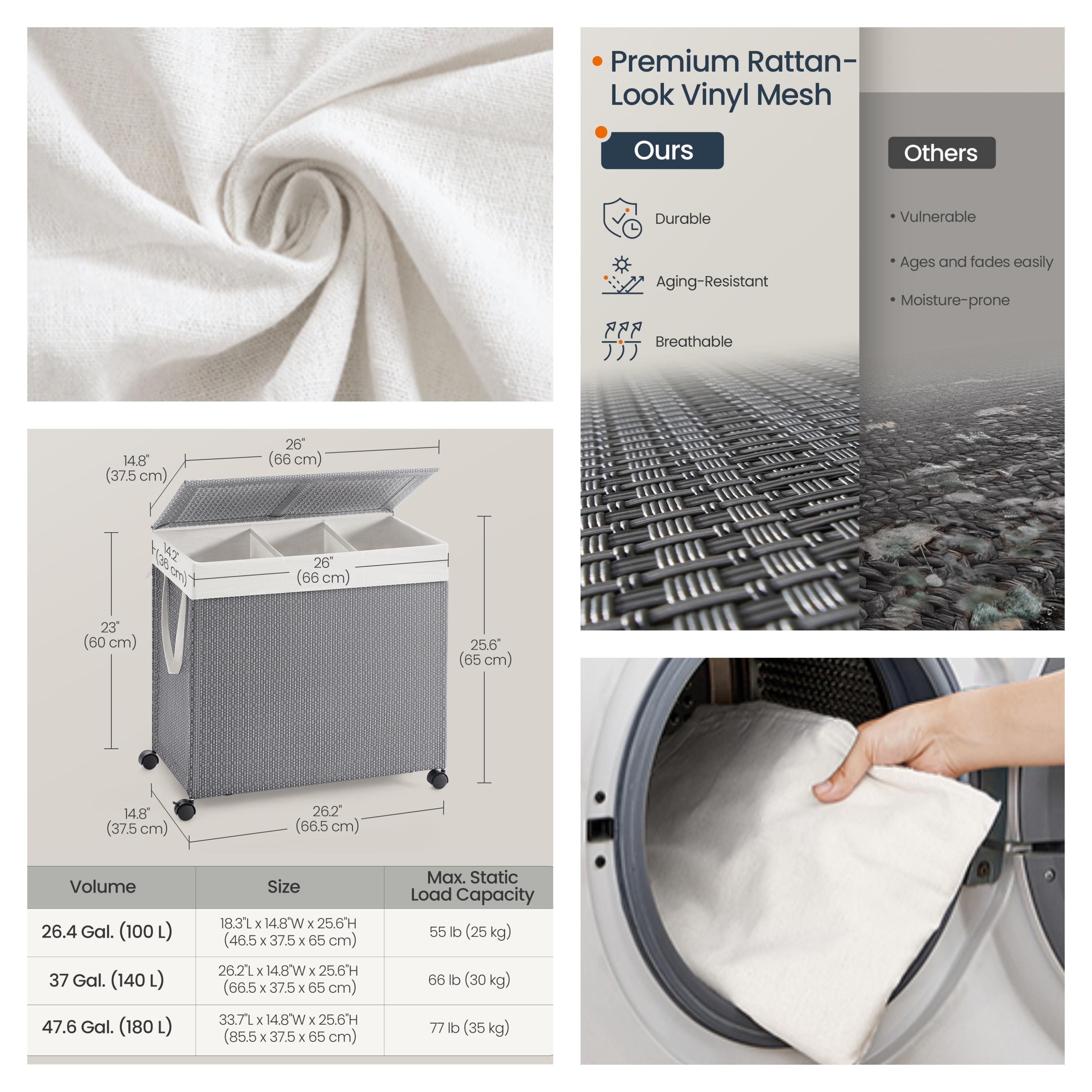 LEDREM Laundry Hamper with 3 Sections, Large 140L Rolling Clothes Basket with Lid, Removable Liner, Wheels, Rattan-Style, Dove Gray and White