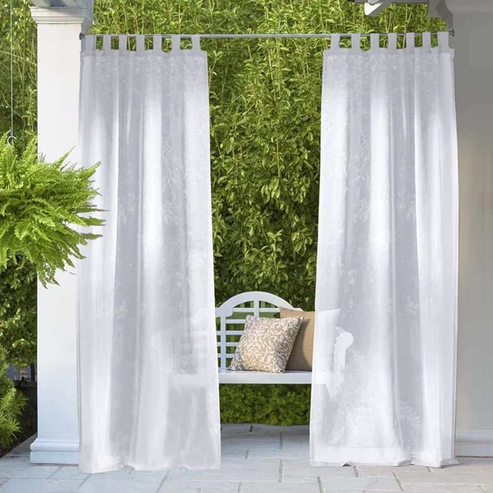 DONGPAI Linen Outdoor Curtain for Patio, Waterproof Tab Top Sheer Curtains for Pergola, Porch, Cabana Gazebo Voile Sheer Drapes, 52" x 96", White, 1 Panel