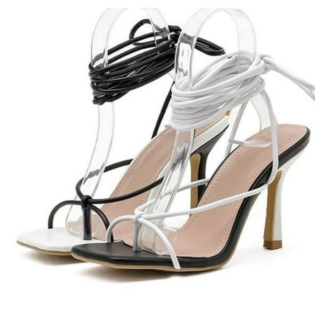 

New Fashion Sexy Lace Up Women Sandals Square Toe Thin Heel Cross Tied Party Shoes High Heel 9CM Black White Size 35-42