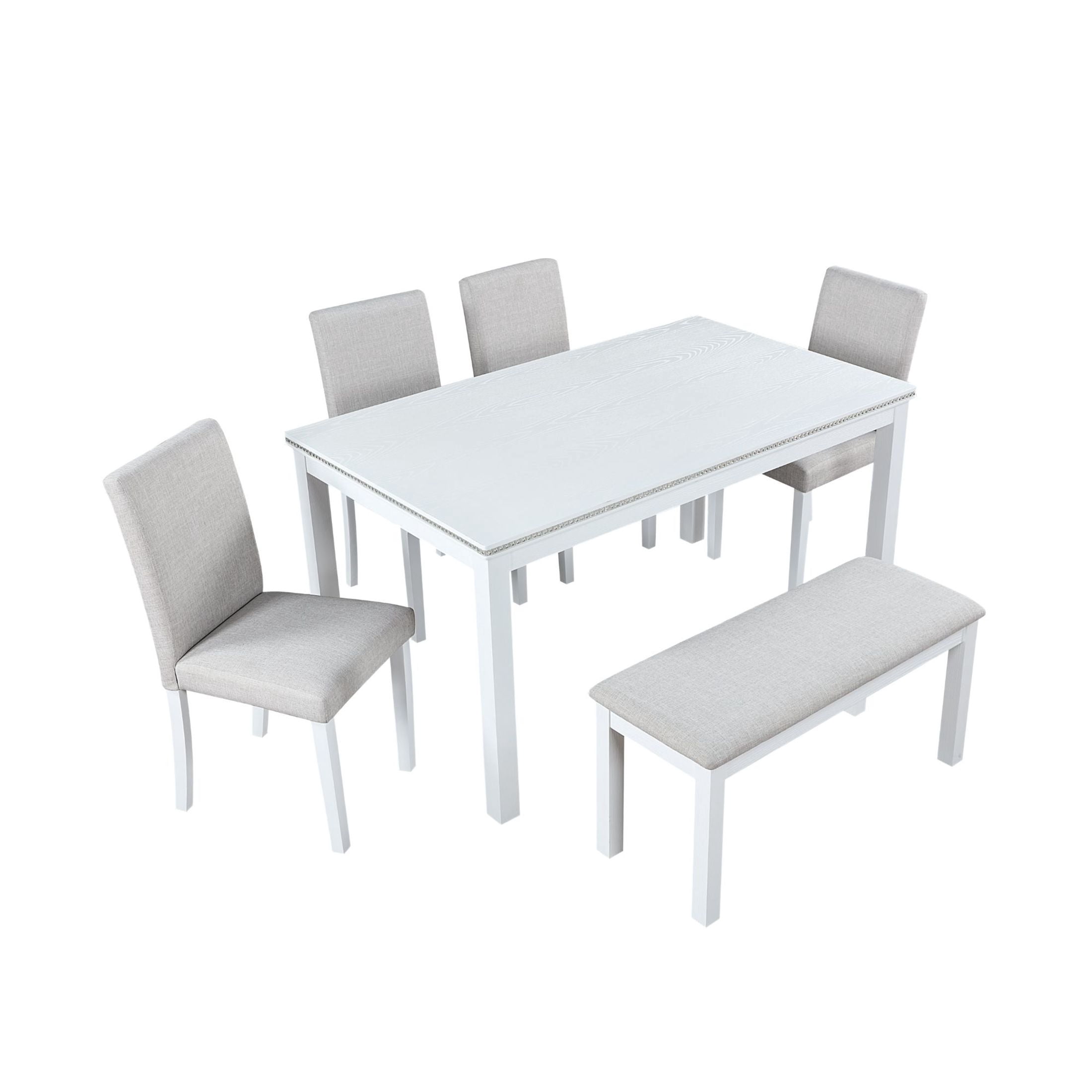 Noble House 6-Piece Rectangular Wooden Dining Table Set with Upholstered Chairs and Bench, White+Light Gray