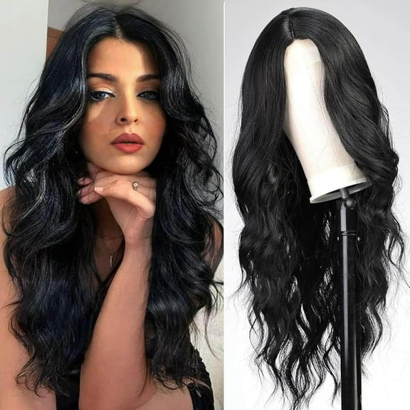 Queentas 22 inch Black Wigs for Women Long Deep Wave Wig  Synthetic Heat Resistant Wig for Daily Party Use (Black)