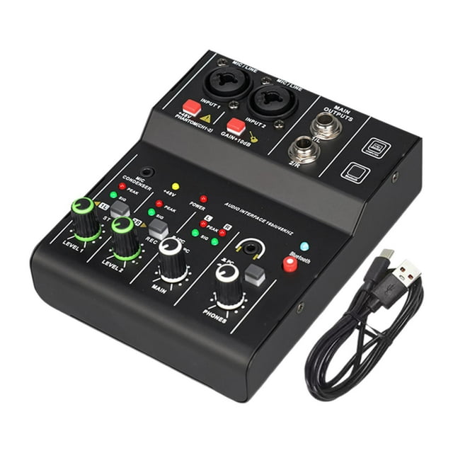 lionlar Audio Interface 48V Phantom Power 2 Channel Audio Mixer for Recording Studio Black