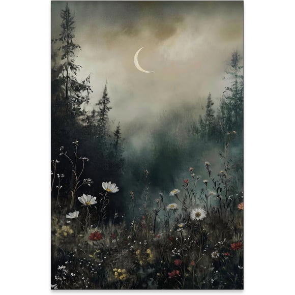 Myhong.1 Dark Academia Flower Field Poster Vintage Moody Floral Wall Art Nature Botanical Wildflower Oil Painting Canvas Prints for Farmhouse Cottagecore Wall Decor Poster 20*28inch