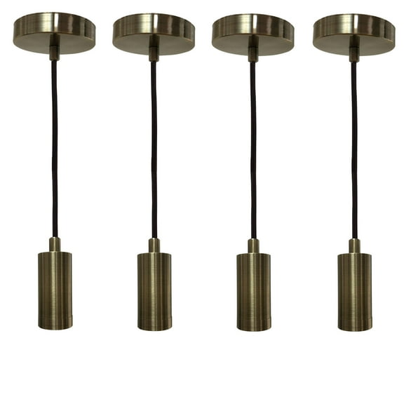 Royal Designs Keyless Antique Brass Cylinder Pendant Light - Brown Rayon Fabric Cord, Set of 4 Lights