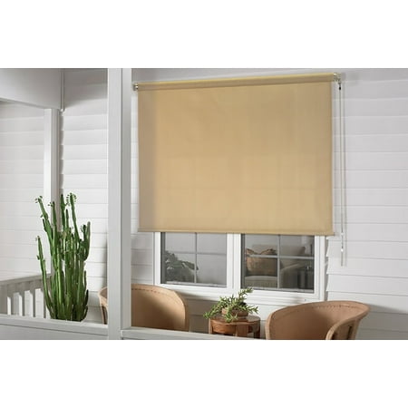 roller outdoor beige shade sun roll patio porch exterior window blind deck light shades filtering fabric uv cordless zoom depot
