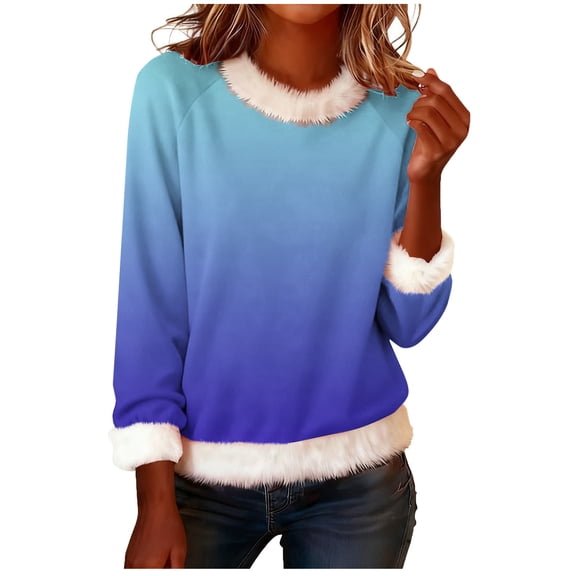 UTSJKR Christmas Sweatshirts for Women, Faux Fur Trim Casual Loose Long Sleeve Pullover Crewneck Long Sleeve Gradient Pullover Blue XXL