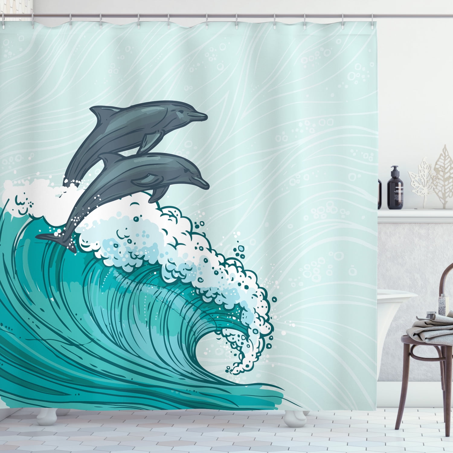 Sea Animals Shower Curtain, Waves Flowing Water Sketch Sea Ocean and Two Dolphins Summertime, Fabric Bathroom Set with Hooks, 69W X 70L Inches, Charcoal Grey Mint Teal, by Ambesonne Sea Animals Shower Curtain, Waves Flowing Water Sketch Sea Ocean and Two Dolphins Summertime, Fabric Bathroom Set with Hooks, 69W X 70L Inches, Charcoal Grey Mint Teal, by Ambesonne