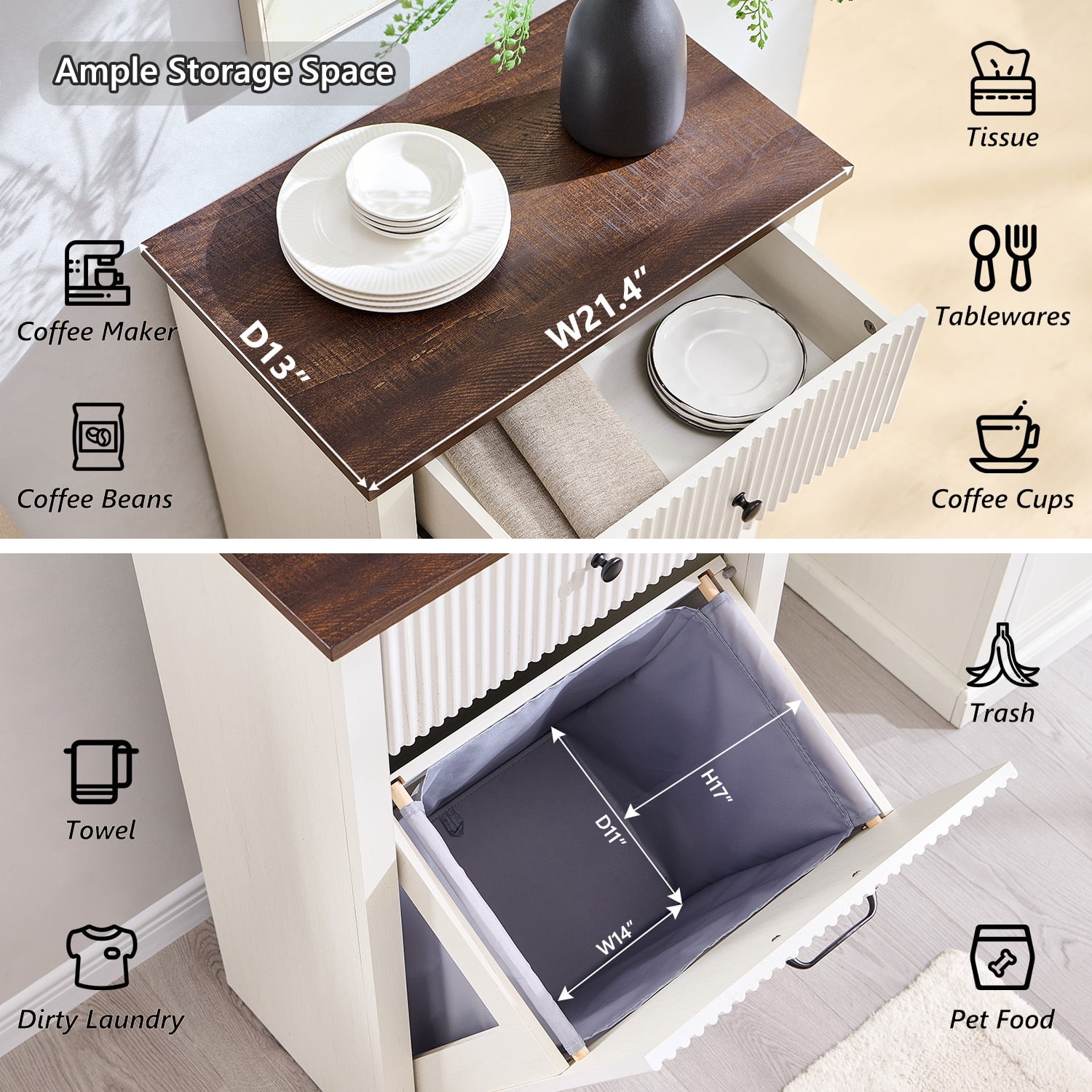 10 Gallon Tilt-Out Trash Can Cabinet, Modern Laundry Hamper Cabinet with Drawers, Hidden Garbage Can Cabinet for Kitchen and Living Room