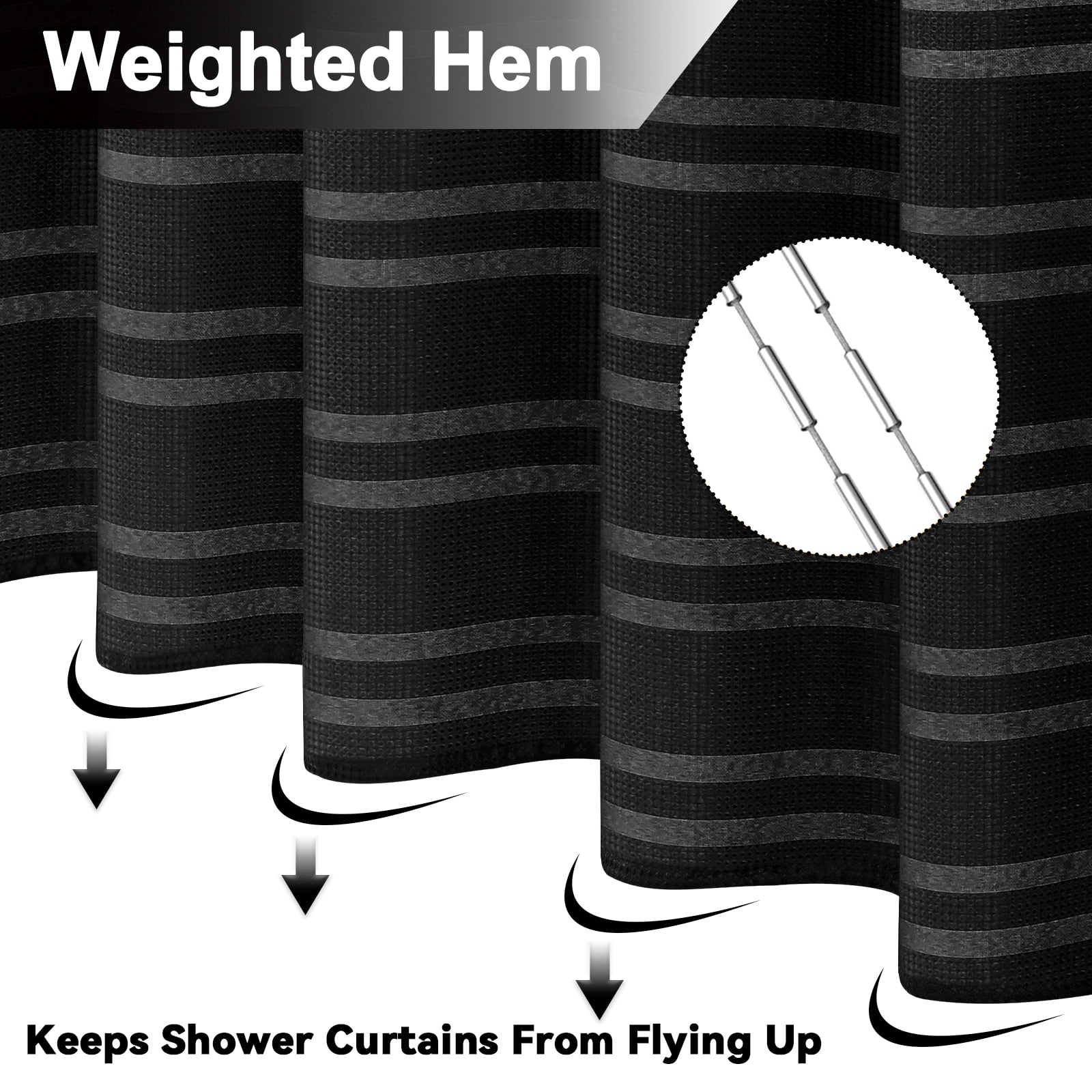 FRAMICS Heavy-Duty Waffle Weave Shower Curtain Sets with Rug, 14-Piece Striped Fabric Bathroom Sets with Hooks, Hotel Grade, Waterproof & Washable, Black, 71.3" x 71.3"
