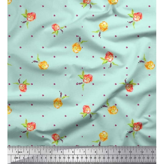 Soimoi Green Cotton Cambric Fabric Flower Floral Decor Fabric Printed Yard 42 Inch Wide