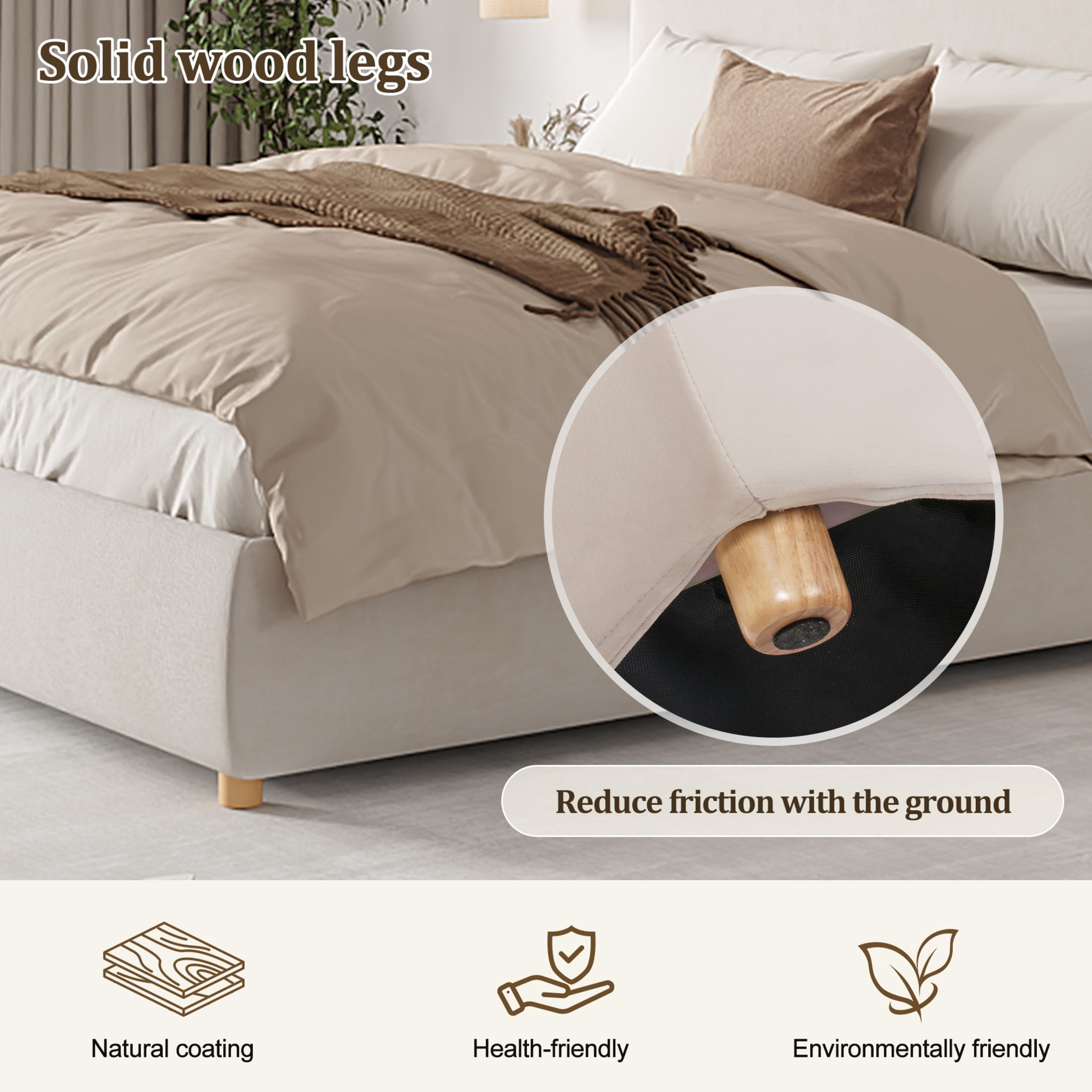 Christopher Knight Home King Velvet Upholstered Platform Bed with Thick Padded Headboard, Cream Beige