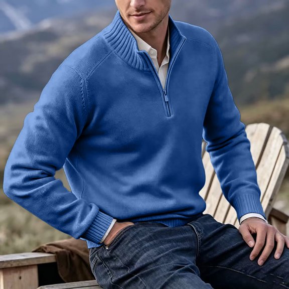 Mens Zip Sweater Stand Collar Solid Color Long Sleeve Knit Pullover Fall Winter Soft Ribbed Hem Casual Knit Jumper Tops Blue M