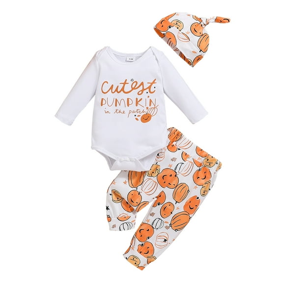 Baby Toddler Boys Halloween Outfits 0 3 6 12 18 24 Months Letter Print Crew Neck Long Sleeve Rompers Pumpkin Print Long Pants Hat 3Pcs Clothes Set