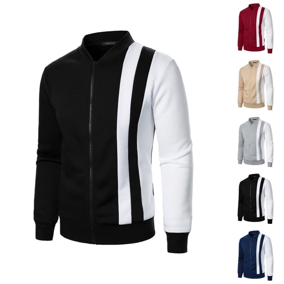 Color Block Zip Up Sweatshirt for Men Fall Winter Long Sleeve Stand Collared Sweat Shirt Jacket Coat Outerwear