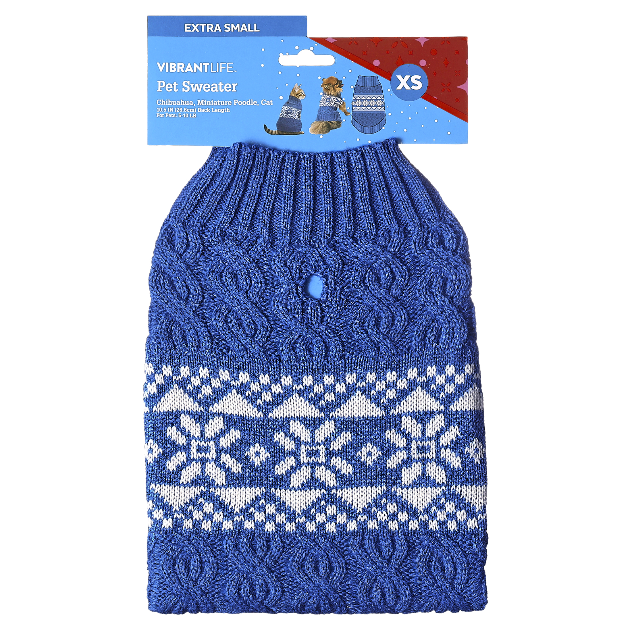 Vibrant Life Holiday Pet Sweater for Cats & Dogs, Snowflakes, Blue, Extra Small