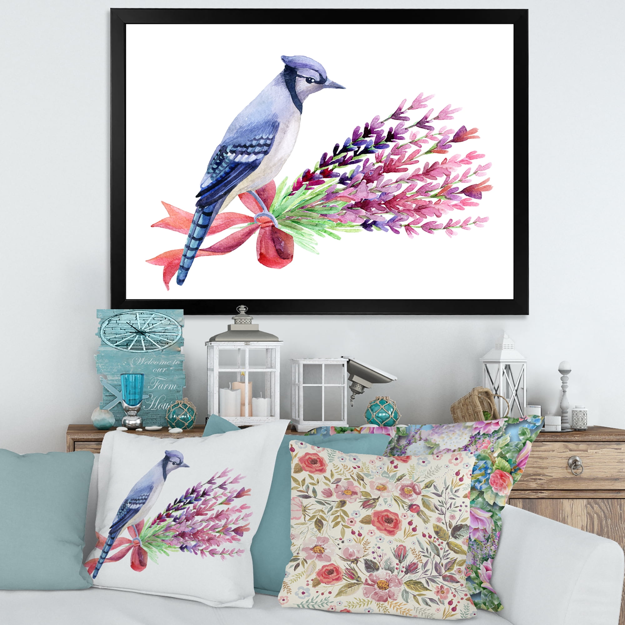 Designart 'Blue Jay Bird On Bouquet Of Pink Flowers' Traditional Framed Art Print