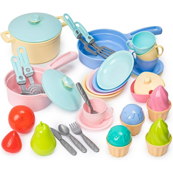 Kids Play Kitchen Accessories - 49 Pcs Play Dishes Cookware Set - Large Toy Pots and Pans for Kids Kitchen Pretend Dishes - Play Food Set - Cooking Utensils - Toy Cooking Set for Girls Boys 3+